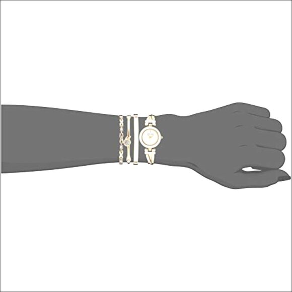 Women\'s Gold-Tone Watch Set with Crystal Accents and Three Bracelets